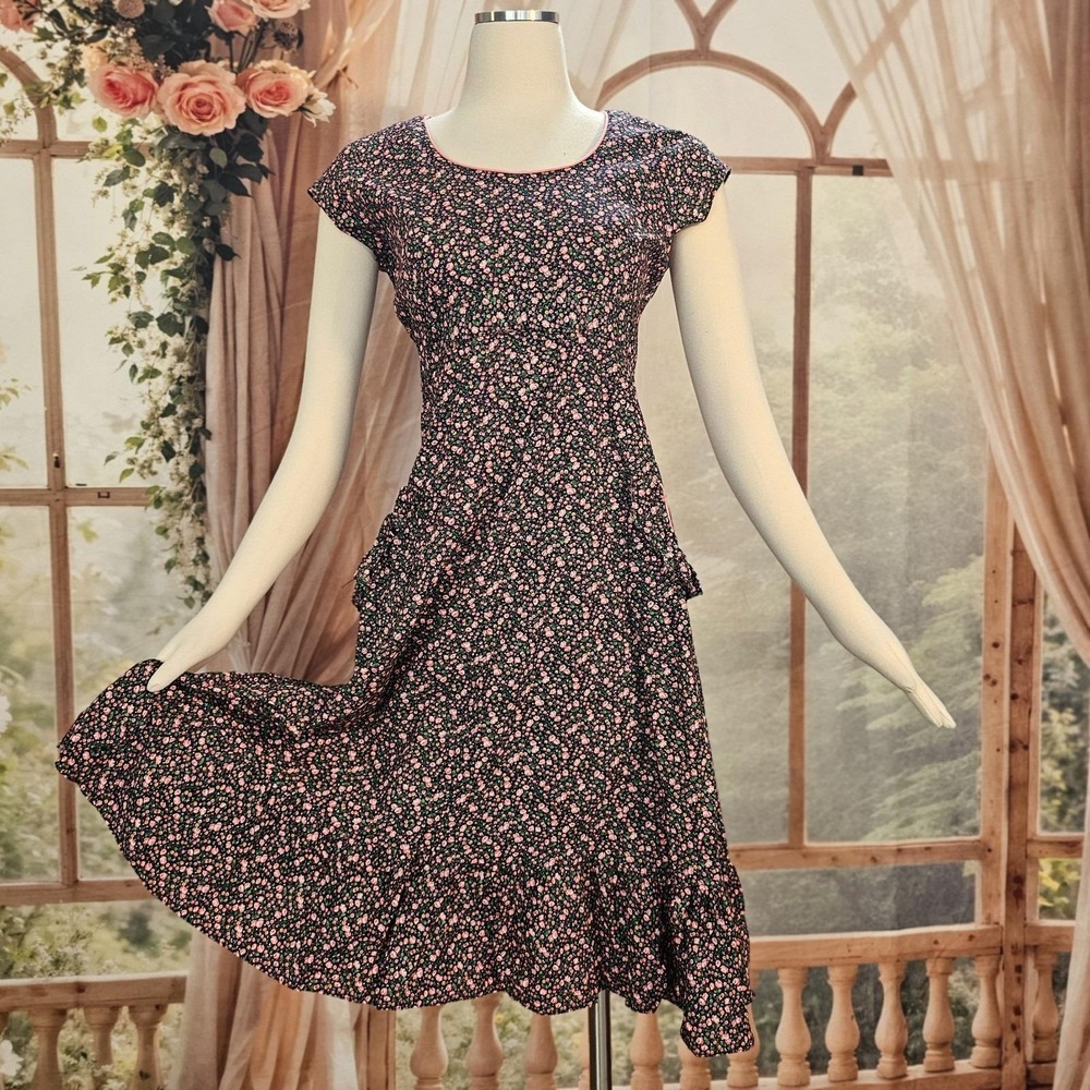 Vintage 1970s Dress Sundress Floral Black Pink Rosette Tie Back Ruffled Hemline